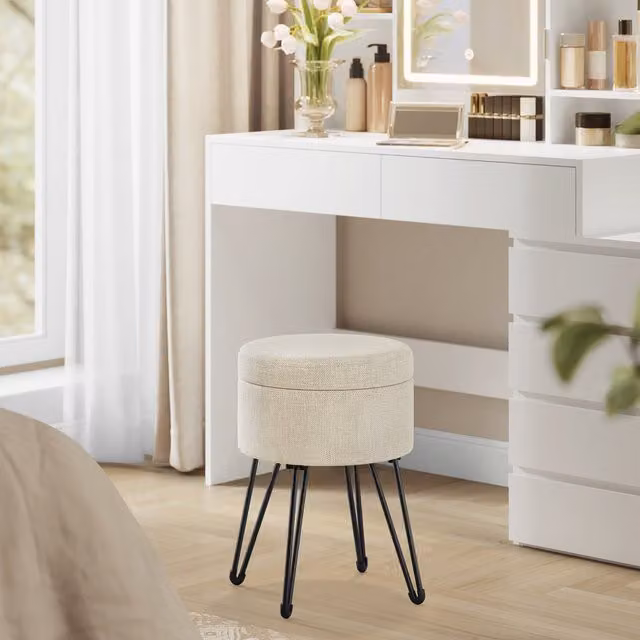 SONGMICS White Fabric Storage Ottoman and Dressing Table Stool