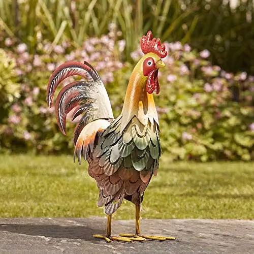 Garden Gear Metal Cockerel Ornament, Multicolour Bird Statue for Gardens, Height: 46.5 cm