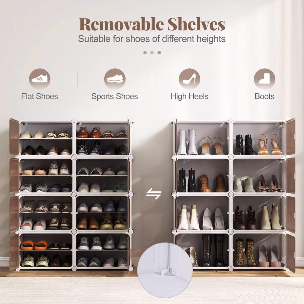 Gymax 8-Tier White Plastic and Metal Shoe Cabinet with Hinged Doors and Removable Shelves for 32 Pairs – 3