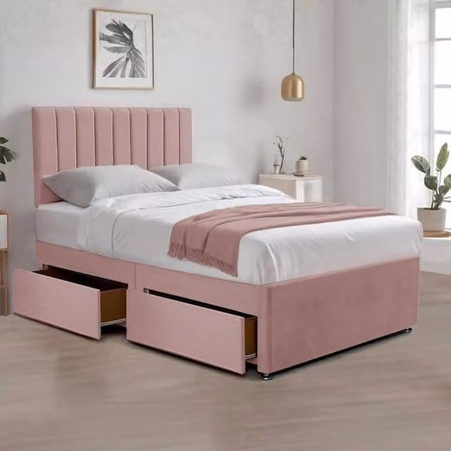 Bed Time UK Relaxing Plush Pink Velvet Divan Bed with Mattress, 2 Drawers and 20 inch Headboard, W/D/H: 90 x 200 cm