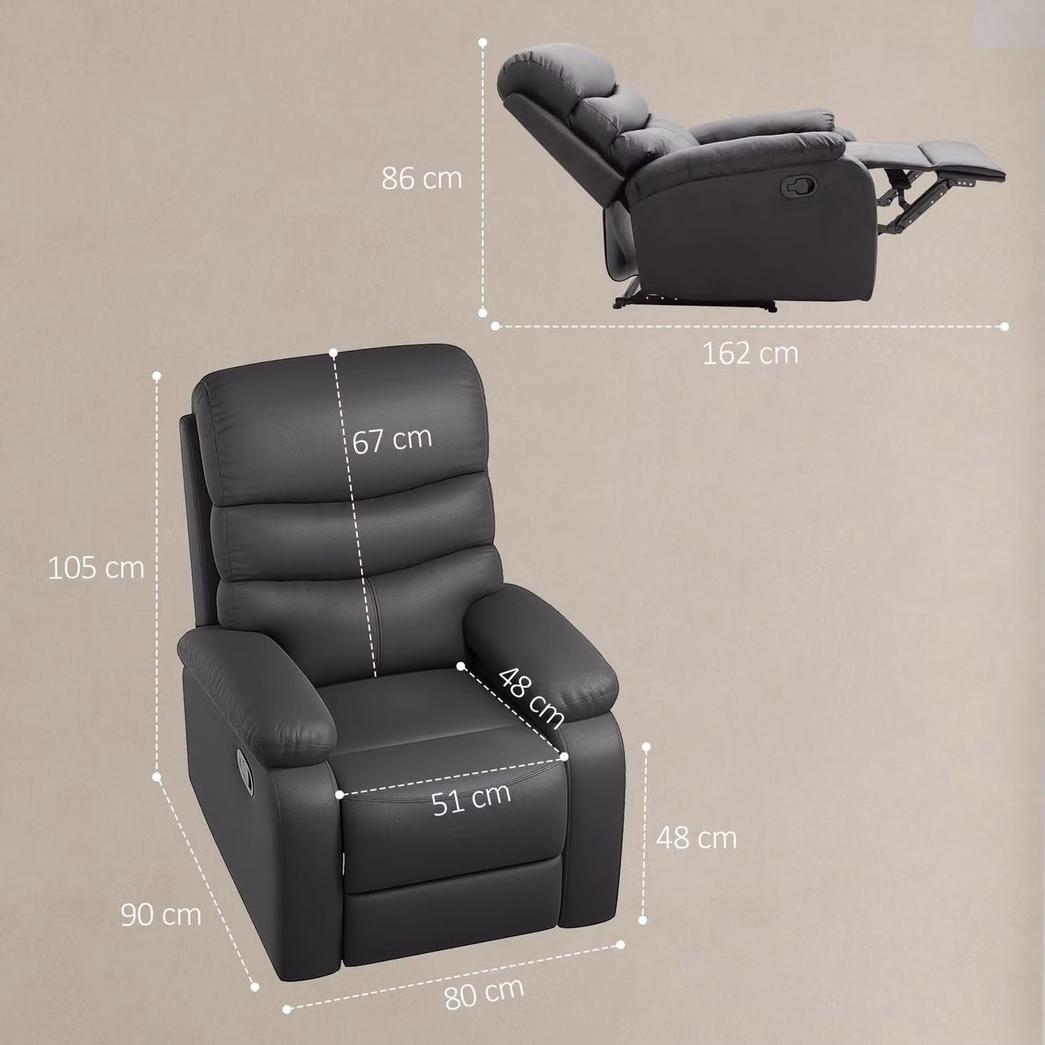 HOMCOM Black PU Leather Manual Reclining Chair with Padded Armrests and Retractable Footrest – 3