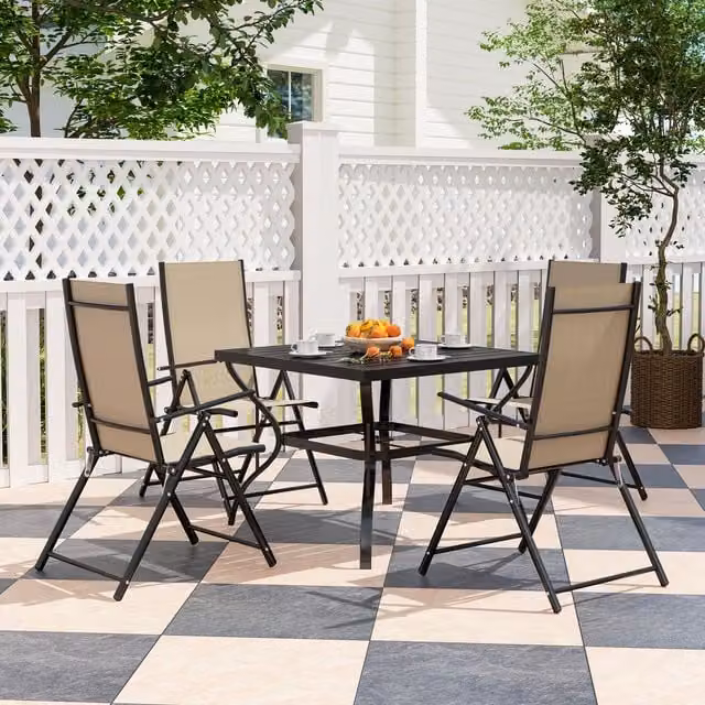 OUTSUNNY 5 Piece Garden Dining Set with Folding Chairs and Metal Top Table in Beige – 1
