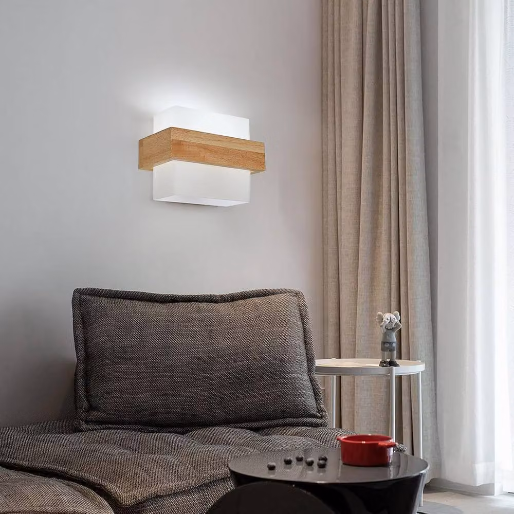 COMELY Modern Square Wooden Wall Light with Transparent Glass Shade, E27, Brown and White – 3