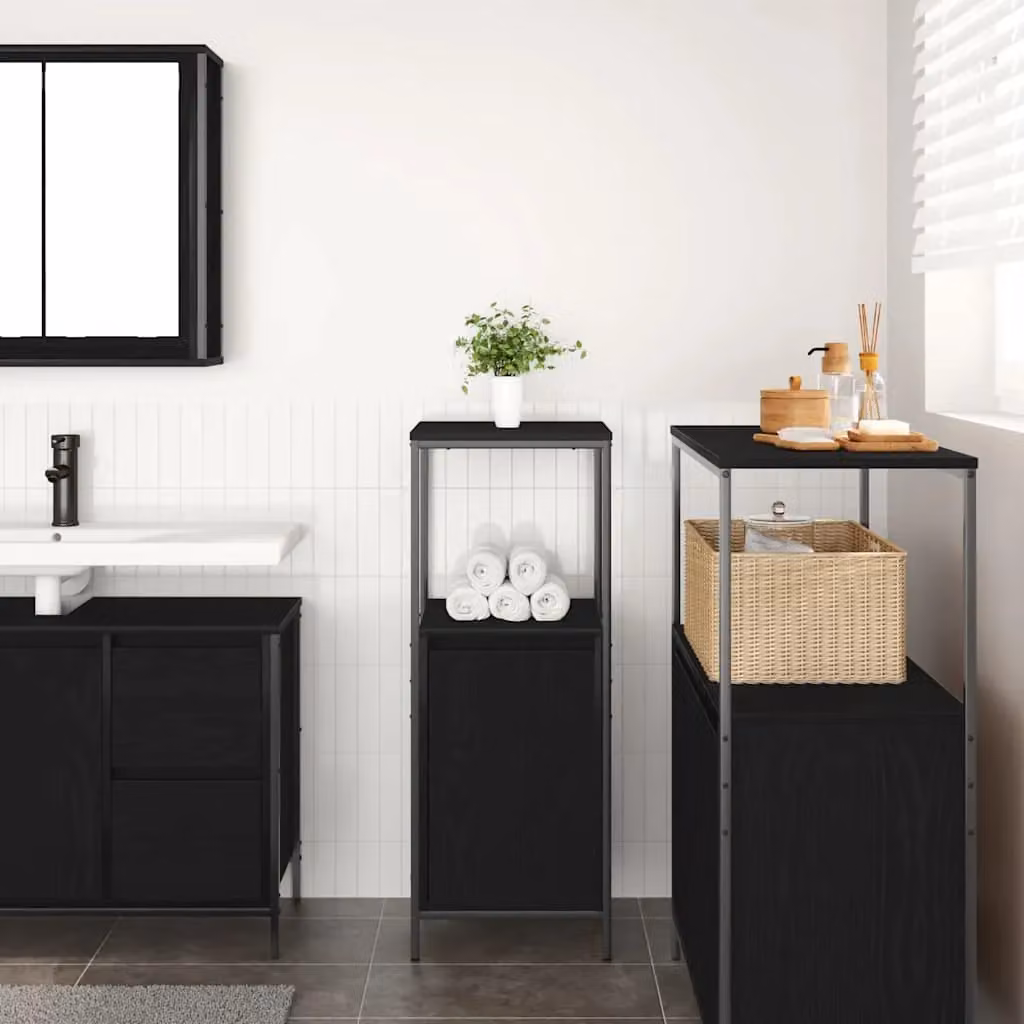 Berkfield Home Modern Black Oak Bathroom Cabinet with Internal Shelves and Open Storage, W/D/H: 36 x 35 x 95 cm – 3