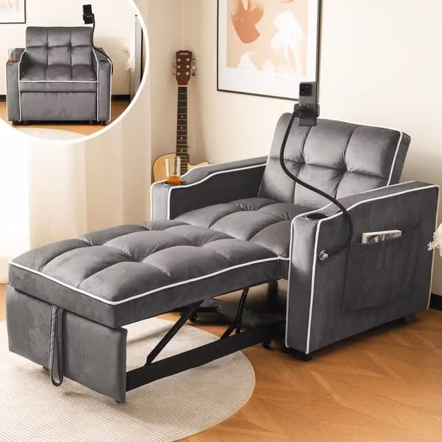 Aosom UK Expandable Velvet Sofa Bed with 3-Position Backrest in Dark Grey, W/D/H: 167 x 83 x 76 cm