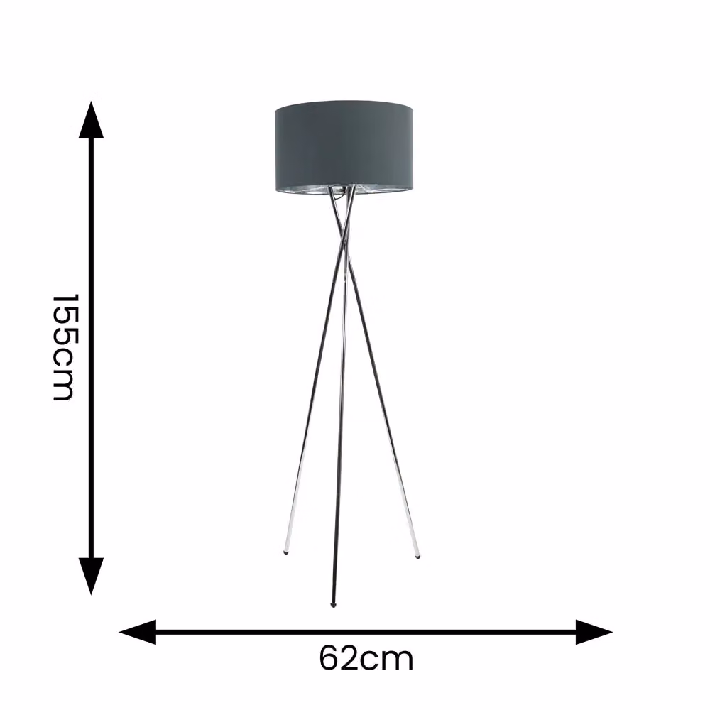 ValueLights Camden Chrome Tripod Floor Lamp with Grey Fabric Cylinder Shade and Warm White Bulb – 2