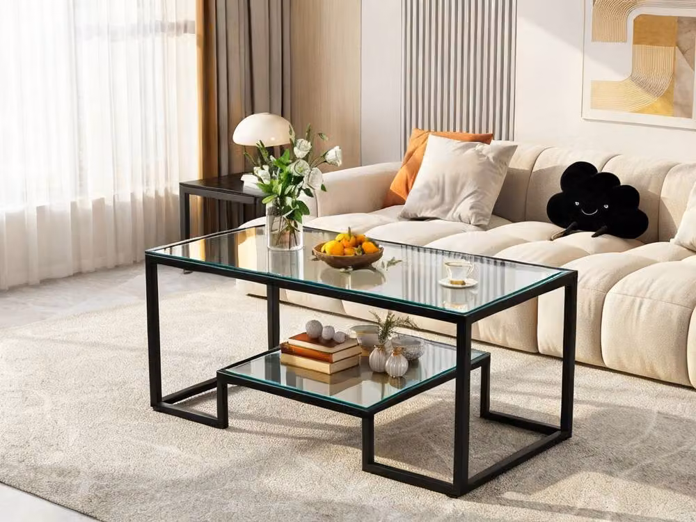 Alivio Modern Rectangular Coffee Table with Metal Frame and Transparent Wood Storage Shelves – 3