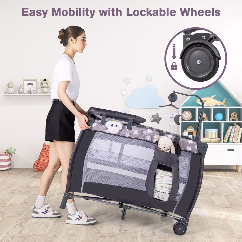 Costway 3 in 1 Foldable Baby Activity Center Playpen with Diaper Changing Table, Grey – 9