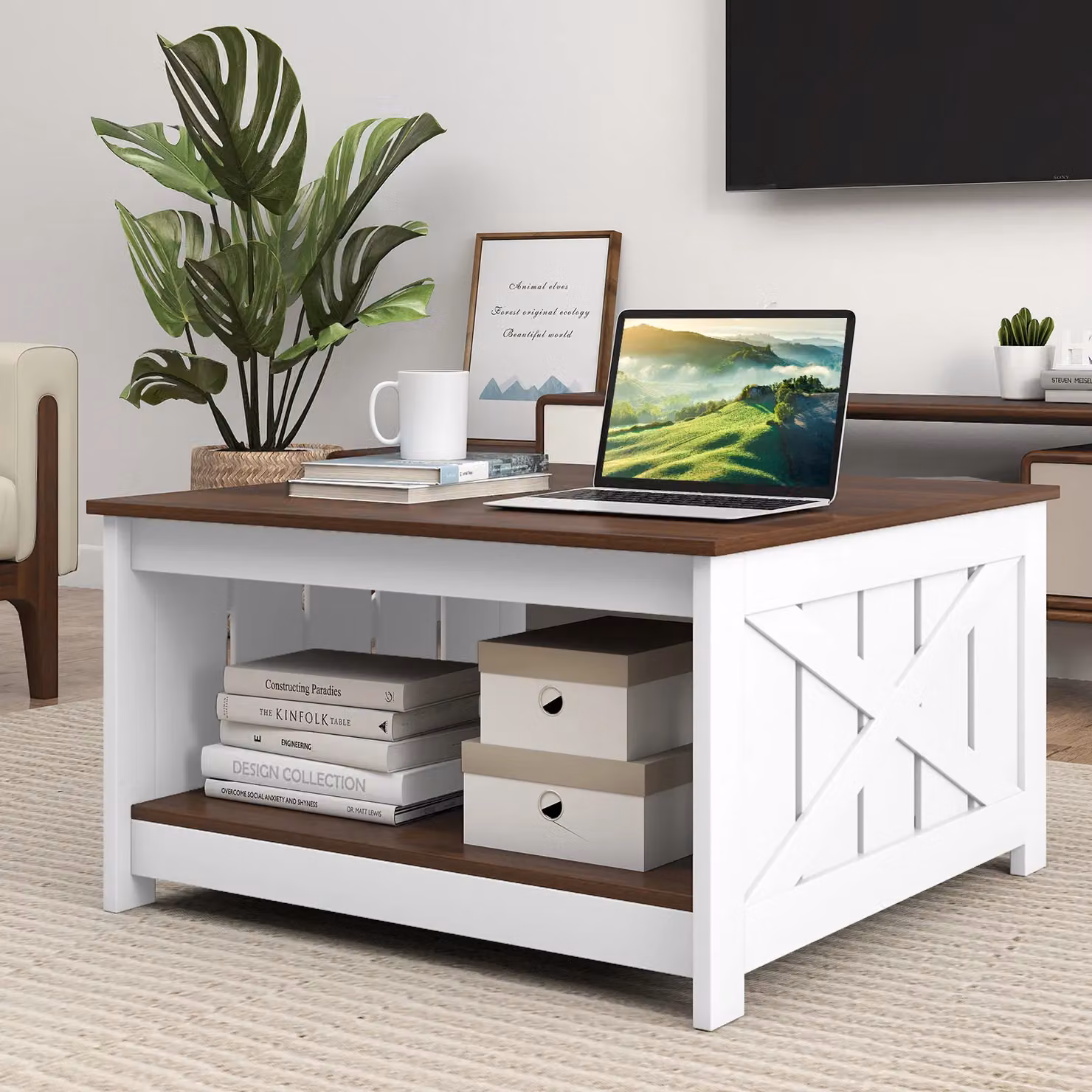 Costway Rustic Farmhouse Square Coffee Table with Storage Shelf and X-Frame Design in Multicolour – 7