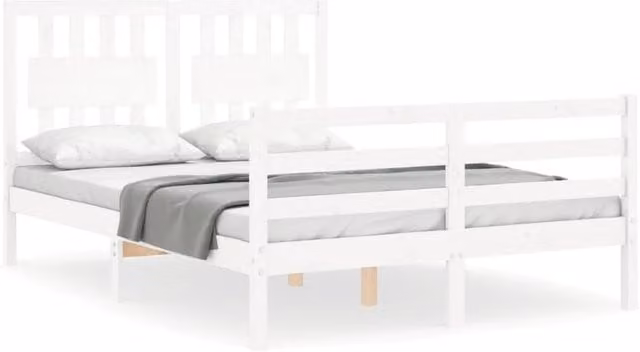 Berkfield Home White Solid Pine Bed Frame with Headboard W/D/H: 140 x 200 cm