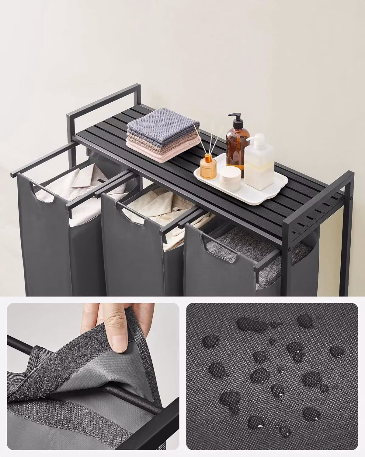VASAGLE 3 Compartment Laundry Basket with Shelf and Metal Frame in Grey – 3