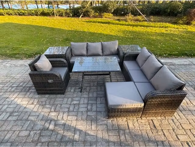Fimous 8-Seat PE Rattan Outdoor Lounge and Dining Set with Reclining Chair and Tempered Glass Table in Dark Grey Mixed