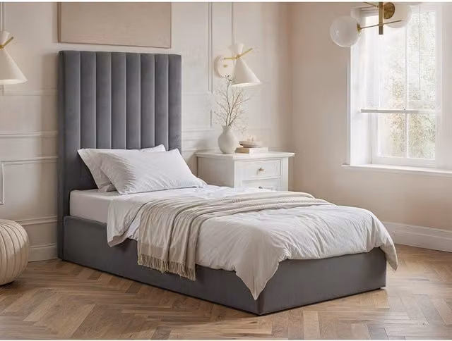 Flair Everley Single Ottoman Bed in Grey Velvet and Boucle, W/D/H: 90 x 190 x 45 cm