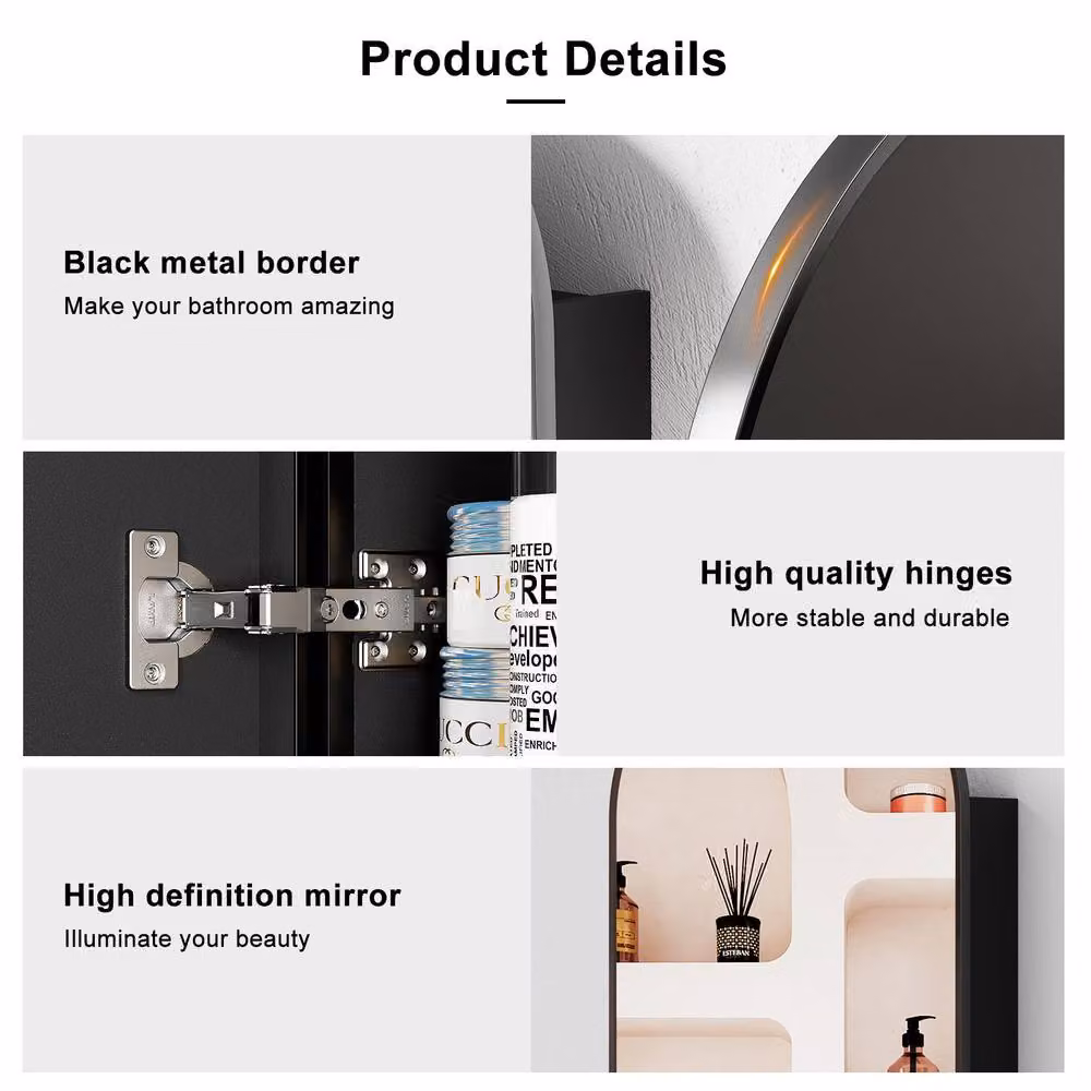 KEEPREAPER Modern Black Wall Mounted Bathroom Mirror Cabinet with Hinged Glass Doors, W/H: 40 x 80 cm – 2