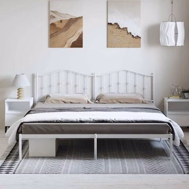 Berkfield Home Metal Bed Frame with Headboard in White, W: 193 cm, D: 198 cm, H: 98 cm