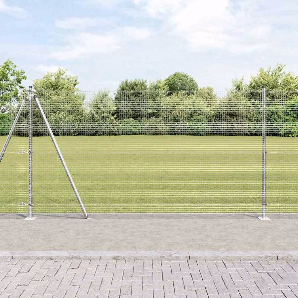Berkfield Home Modern Welded Wire Fence with 7 Flanged Posts, Galvanised Steel, Silver, W: 120 cm, L: 1000 cm – 2