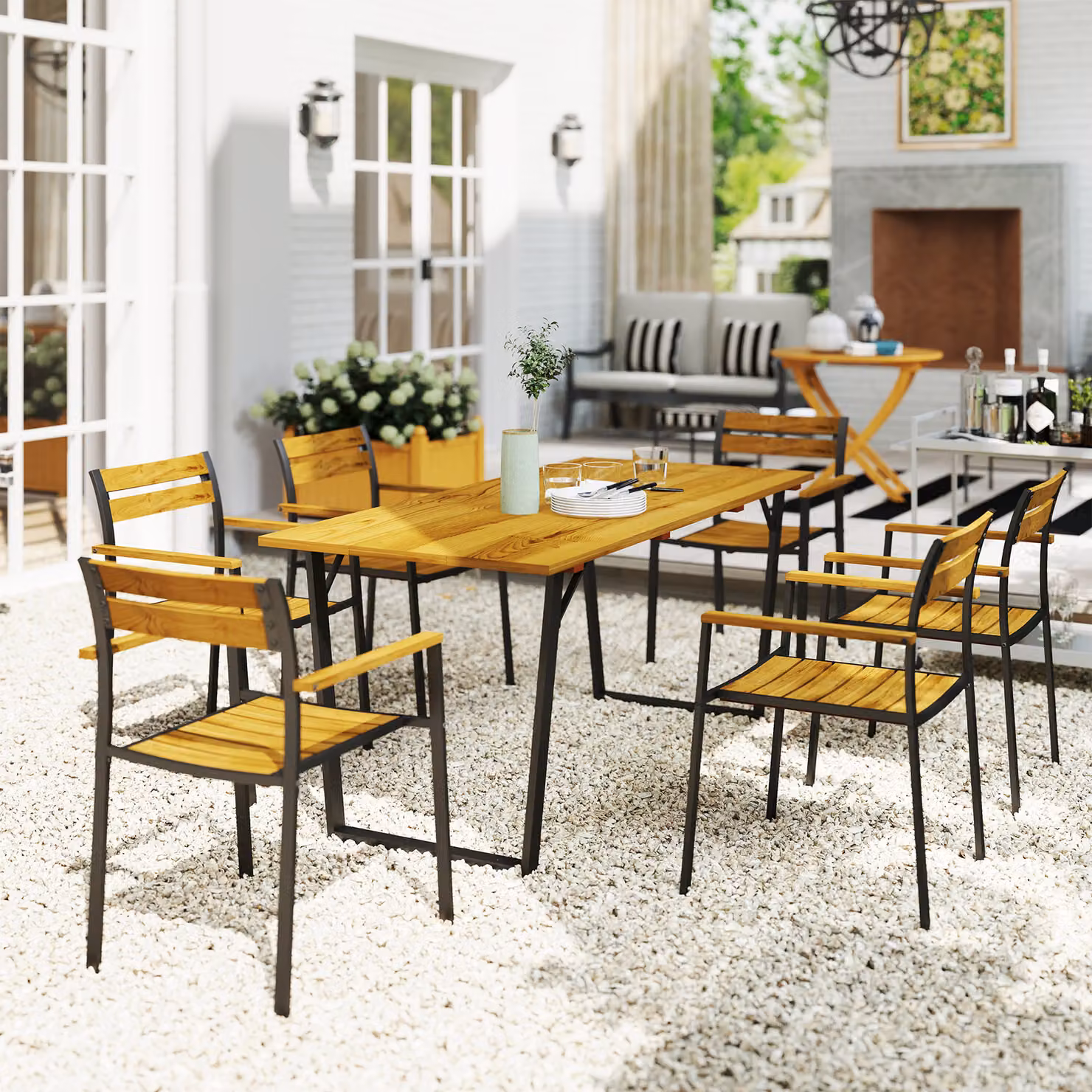 Outsunny 7 Piece Garden Dining Set in Brown Fir Wood with Rectangular Table and 6 Stackable Chairs – 2