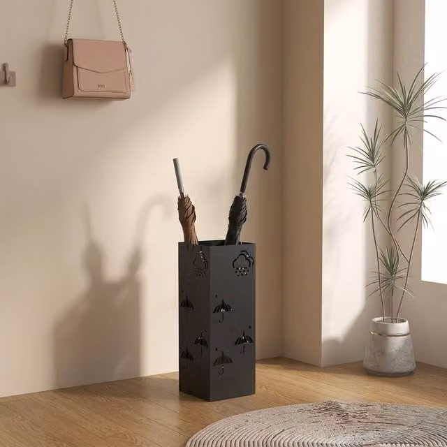 STILVORA Black Metal Umbrella Stand with Removable Drip Tray and 4 Hooks