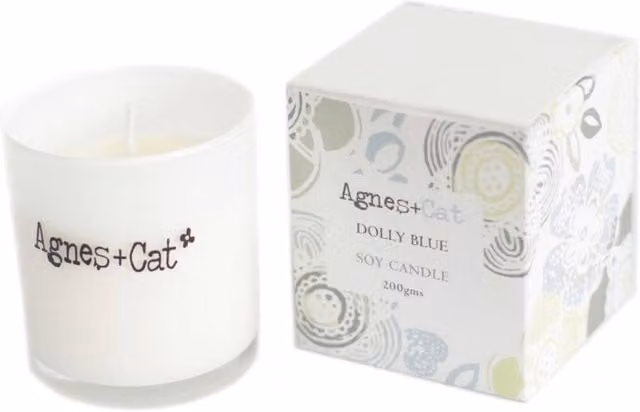 KDMD Agnes & Cat Dolly Blue Soy Votive Candle in White and Blue Glass