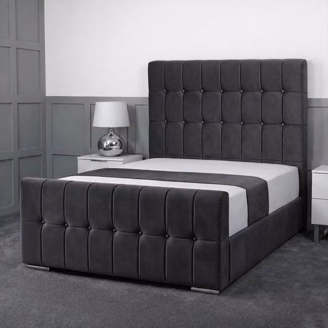 Living Comfort Bedz Belmont Plush Velvet Upholstered Bed with Slatted Base and 48 Inch Headboard in Charcoal Grey