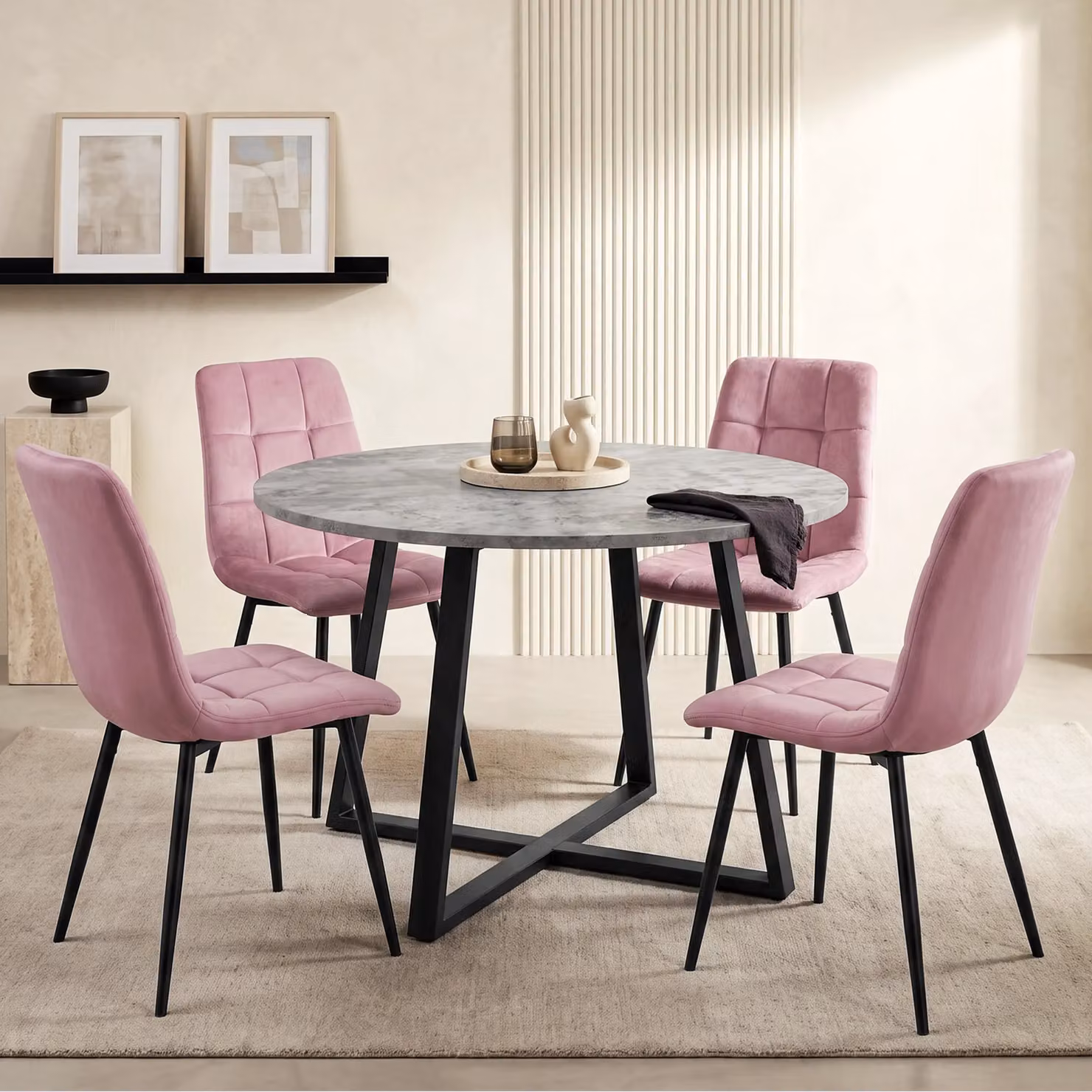DHS Kyvon Round Dining Table Set with 4 Pink Velvet Chairs and Concrete Effect Table