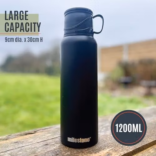 Milestone Camping 53009 Double Walled Insulated Stainless Steel Flask with Tea Strainer, Black, 1.2 l – 2