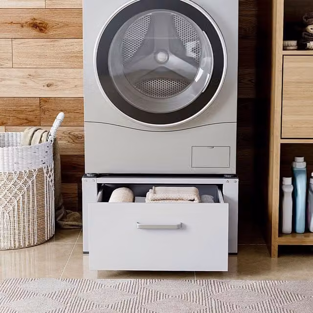 Livingandhome White Metal Washing Machine and Tumble Dryer Raised Pedestal with Sliding Drawer