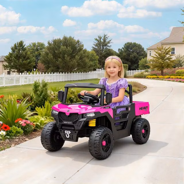 AIYAPLAY 12V Kids Electric UTV Ride-On Vehicle with Electric Dump Bed, Pink