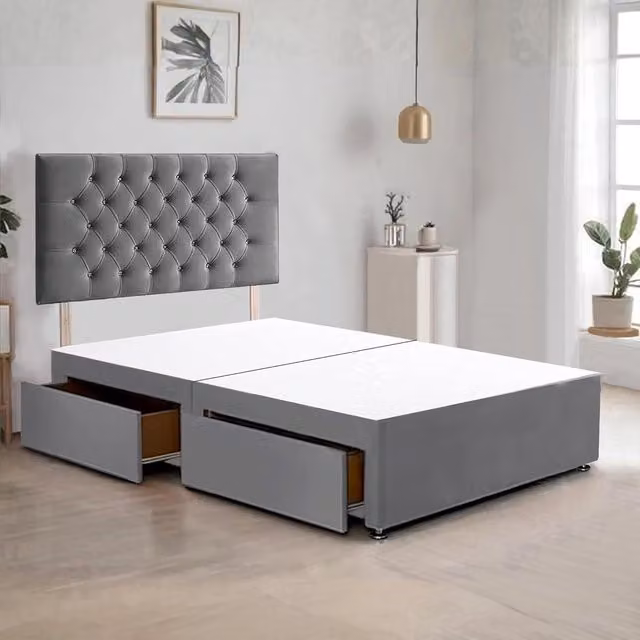Bed Time UK Plush Divan Bed Frame with 2 Drawers and 20 inch Chesterfield Headboard in Grey, W/D/H: 140 x 200 cm