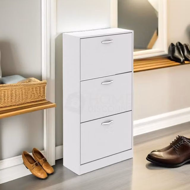 FURNOS 3 Tier White Wooden Shoe Storage Cabinet with Hinged Doors – 1