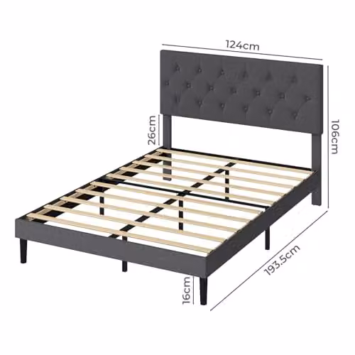 Levede Upholstered Small Double Bed Frame in Grey Fabric with Geometric Headboard, W/D/H: 120 x 190 cm – 2