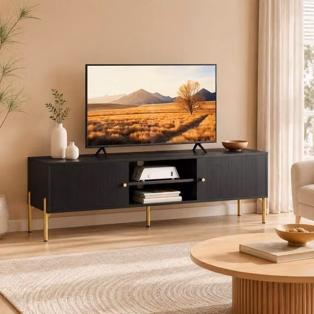 STILVORA Modern Matt Black Metal TV Stand for Living Rooms – 1