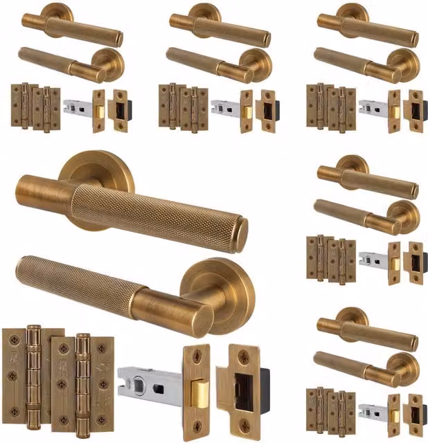 AFIT Antique Brass Knurled Lever Handles with Rose, Latch and Hinges, Bronze, 6 Pairs, Rosette Diameter: 100 mm