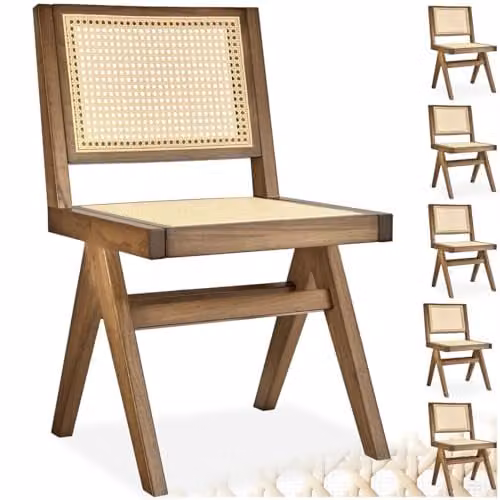 tectake Set of 6 Mid-Century Modern Dining Chairs with Solid Wood Frame and Viennese Wickerwork in Light Brown
