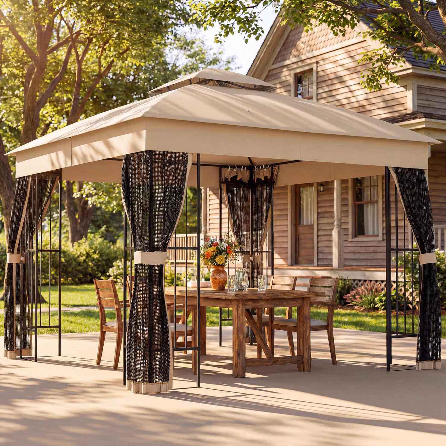 Outsunny Brown Outdoor Garden Gazebo with Post Shelves, UPF50+ Double Roof Permanent Patio Pavilion, W: 300 cm, D: 300 cm, H: 275 cm – 2