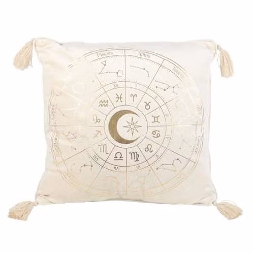 Something Different Wholesale Astrology Wheel Square Velvet Cushion, White and Gold, W/D/H: 35 x 35 x 35 cm