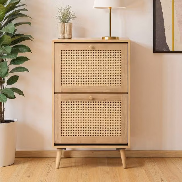 Swish Furniture Manila Rattan 2 Door Flip Down Shoe Storage Cabinet in Oak