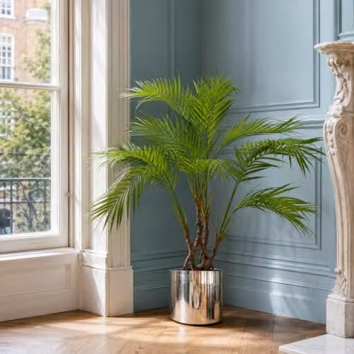 Realistic Artificial Areca Palm Plant with Silver Metal Planter, Green, H 90 x W 70 x D 60 cm – 2