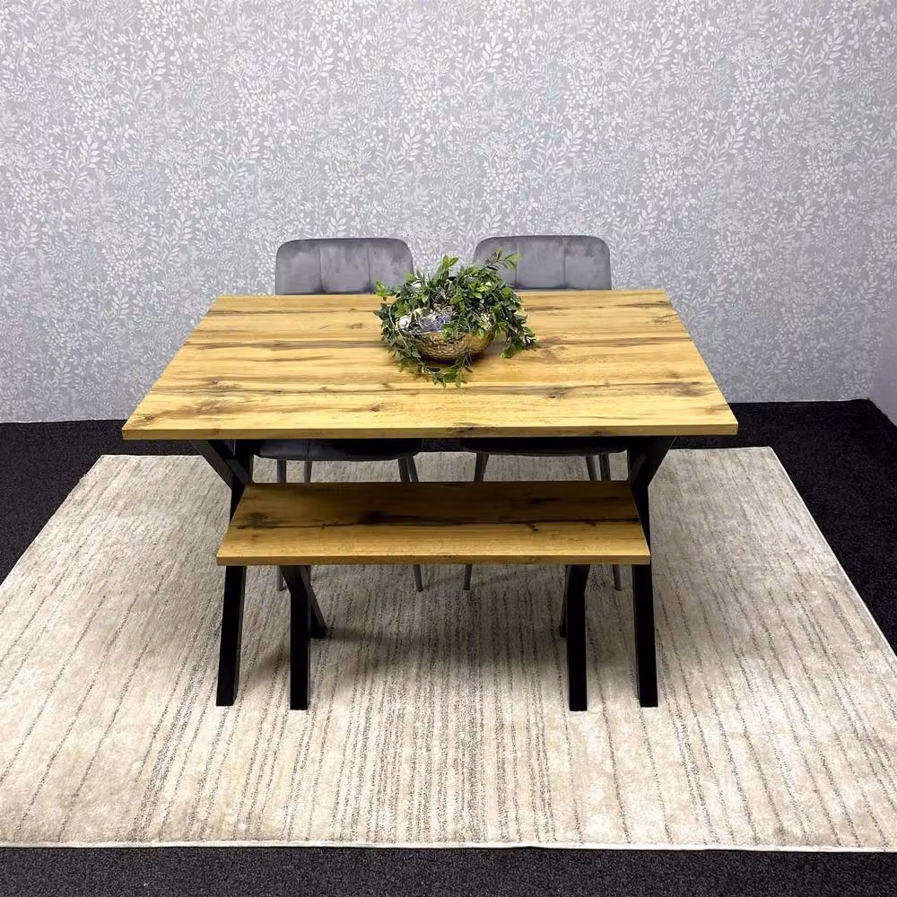 KOSY KOALA Brown Wooden Dining Set with 2 Grey Velvet Chairs and Bench – 6