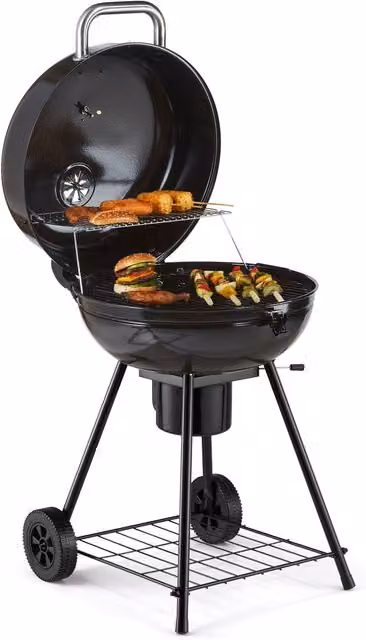 VonHaus Black Enamelled Steel Charcoal Kettle BBQ with Thermometer, Warming Rack and Wheels
