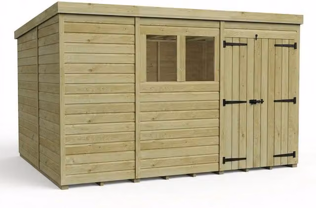 Buttercup Farm Brown Timber Pent Garden Shed with Double Doors and Windows, W/D/H: 335.28 x 305 x 210 cm