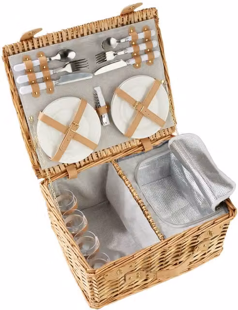 tectake Fohr Picnic Basket for 4 People with Cooler Compartment and Accessories in Brown – 1