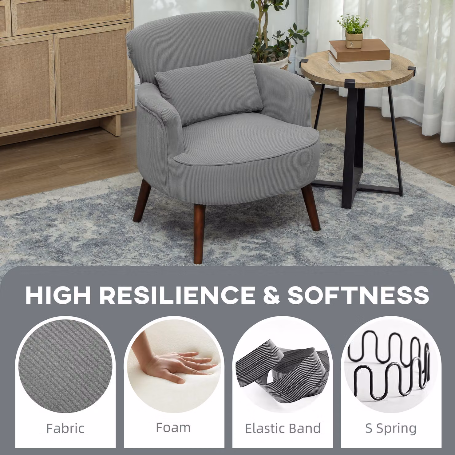 HOMCOM Retro Corduroy Tub Accent Chair with Armrests and Solid Wood Frame, Grey – 3