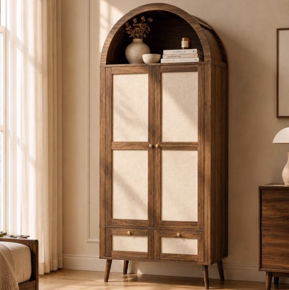 STILVORA Arched Wardrobe with 2 Doors and 2 Drawers in Brown and Beige Walnut Finish – 2