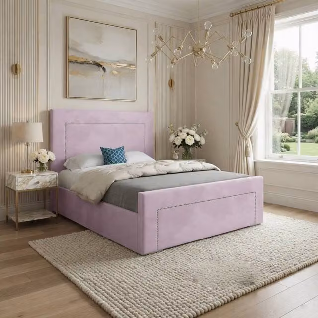 Casani Kettleshulme Modern Upholstered Pink Velvet Designer Bed Frame, W/D/H: 180 x 200 cm