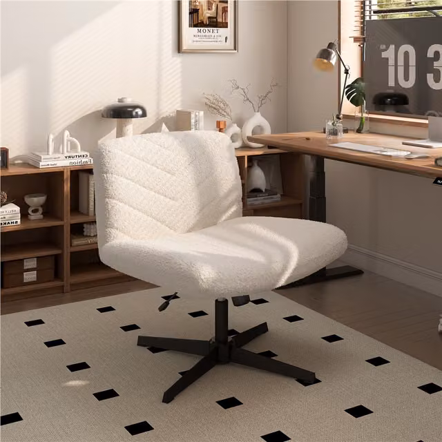Yaheetech Swivel Wide-Seat Makeup Task Chair in White Bouclé Fabric for Home Office