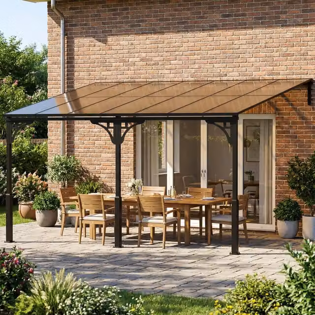 Outsunny Brown Metal Lean-to Pent Pergola with Polycarbonate Roof W: 4 m, D: 3 m