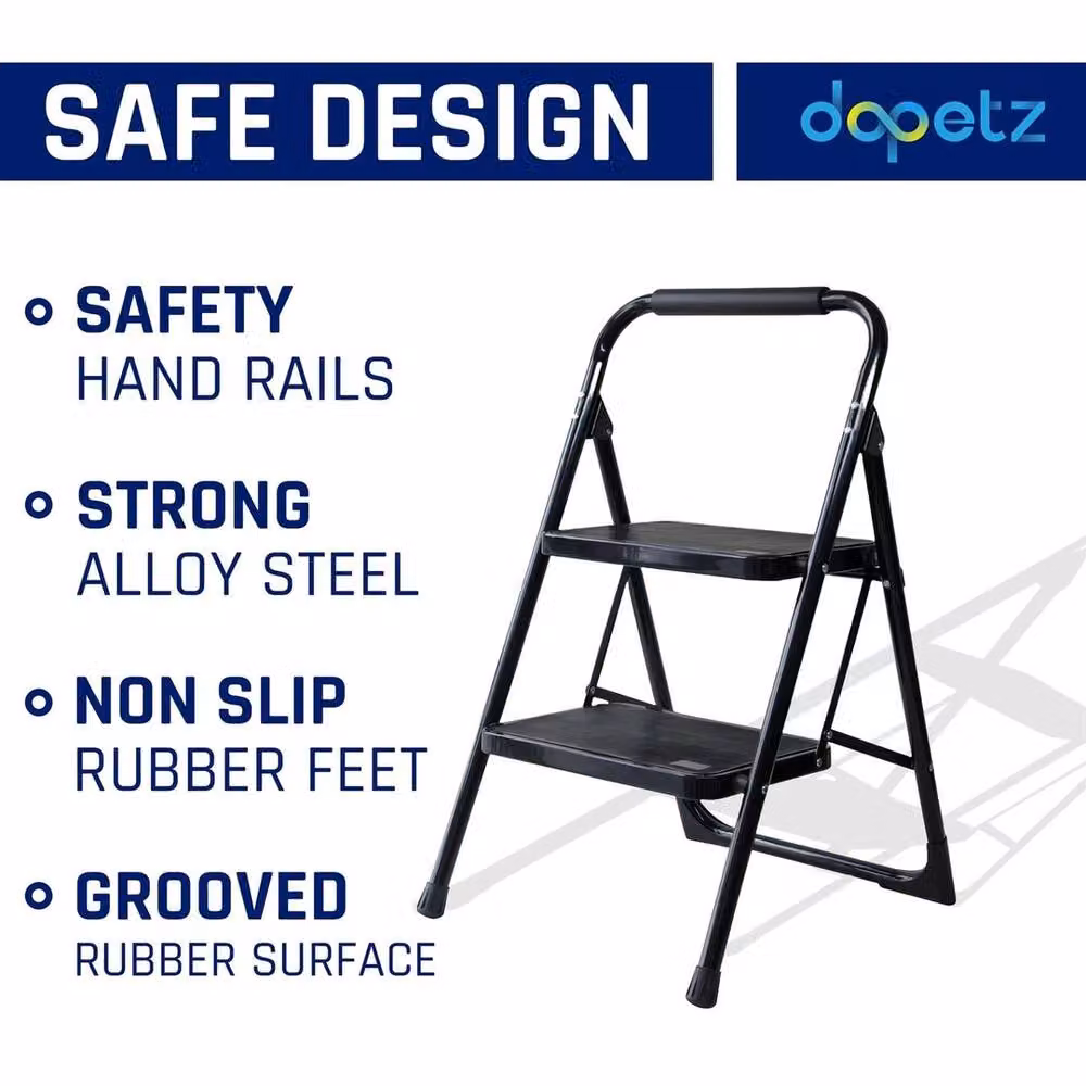 VOGREX 2-Step Foldable Steel Step Ladder with Non-Slip Treads in Black – 2
