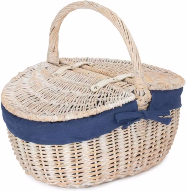 Red Hamper Oval Wicker Picnic Basket with White Wash Finish and Navy Lining