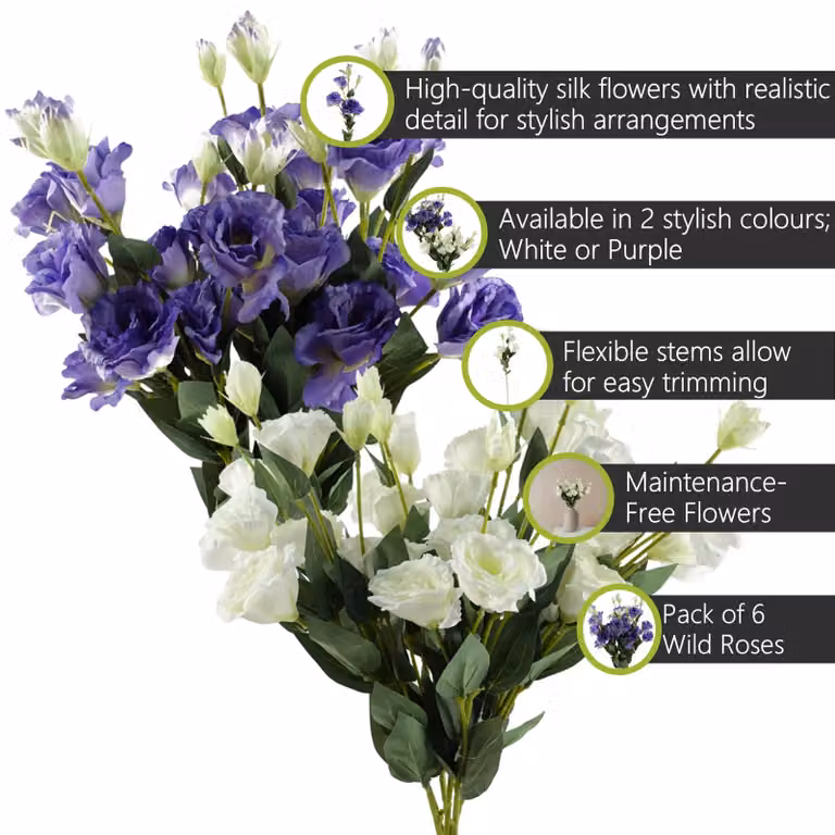Pegdev Pack of 6 Artificial White and Purple Silk Rose Stems, 80 cm Height